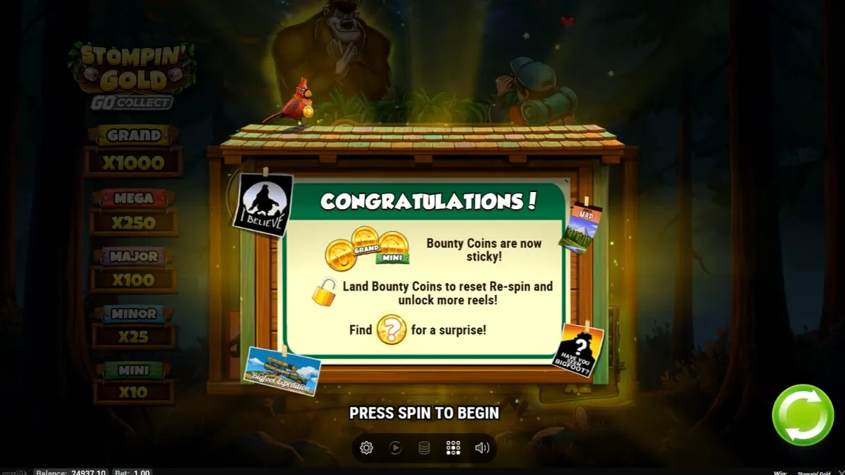 Tampilan visual slot Stompin’ Gold GO Collect dengan karakter yeti dan elemen hutan