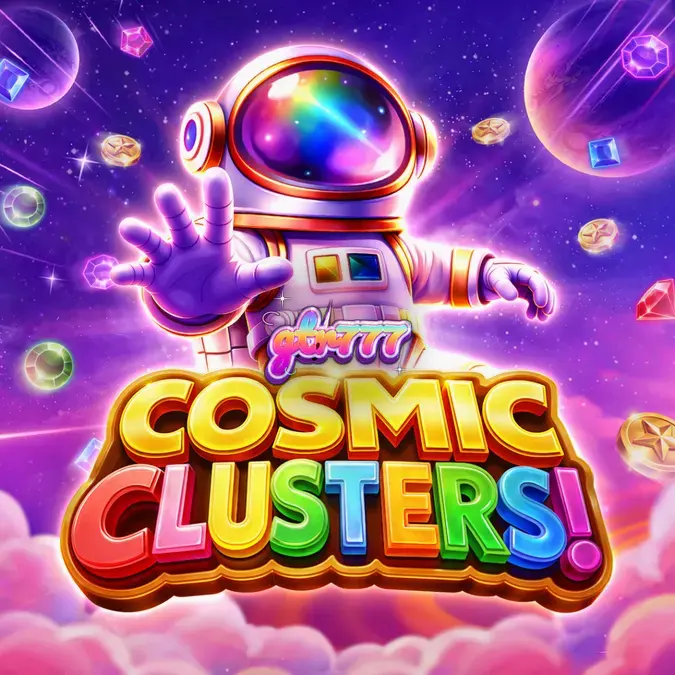 Tampilan visual grid 6x6 pada permainan slot Cosmic Clusters dengan tema luar angkasa yang futuristik.